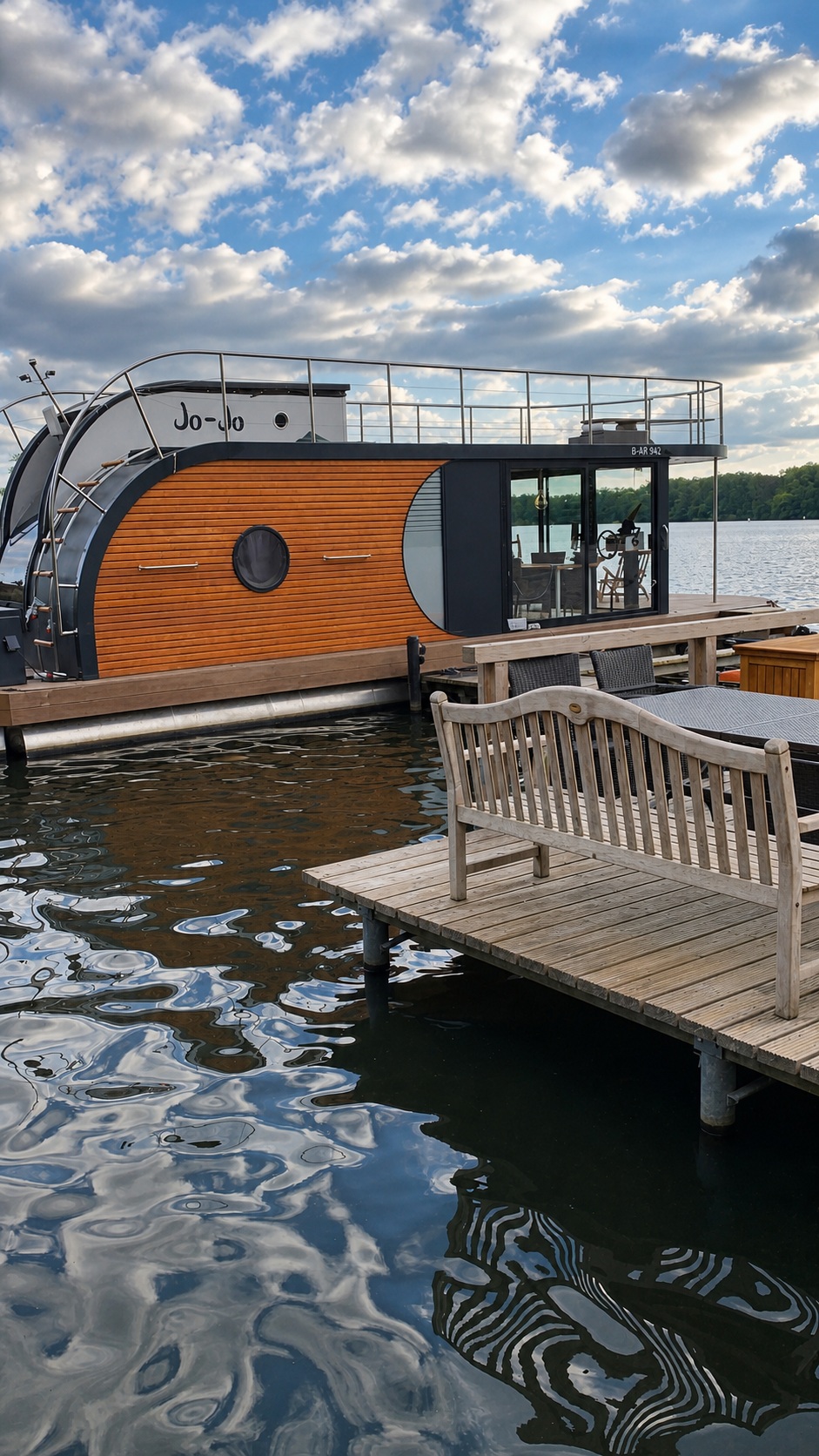 Seitenansicht des Hausboots mit holzverkleidetem Rumpf, oberem Sonnendeck und Sitzbank auf dem privaten Steg