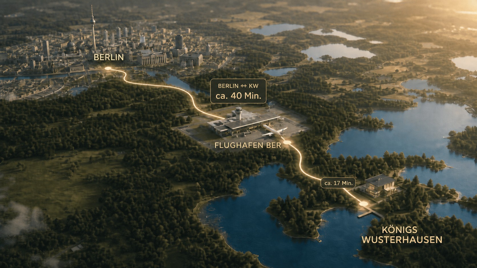 Übersichtskarte mit den Fahrzeiten zwischen Berlin, Flughafen BER und Königs Wusterhausen